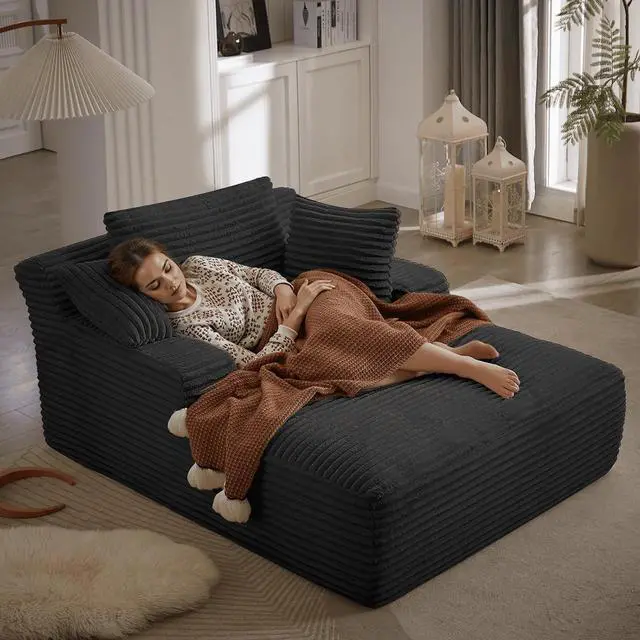 Main image of 50 Inches Chaise Lounge Indoor, Oversized Chaise Lounge Chair with 3 Throw Pillows and Armrests, Corduroy Upholstered Plush Sofa Bed Lazy Chair Bed Sleeper Chair for Living Room Apartment (Black)