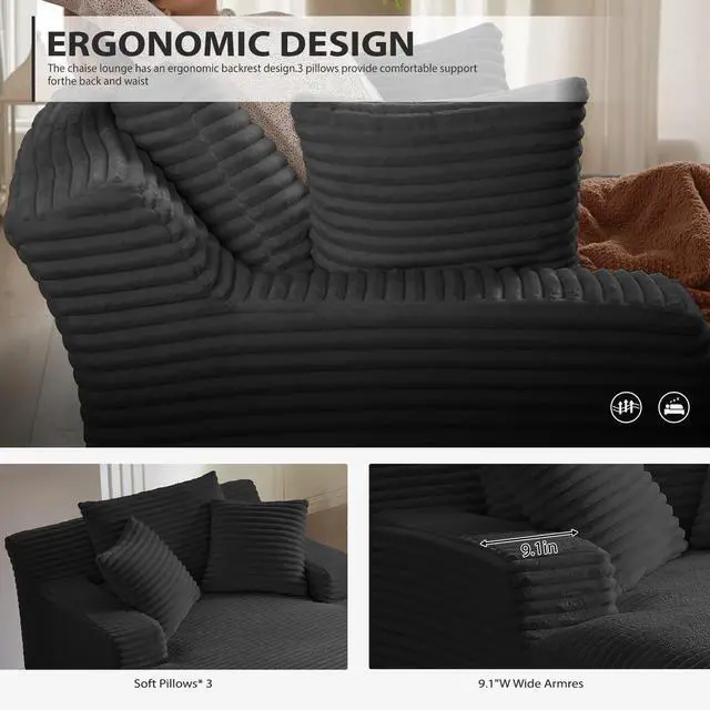 Alt view image 5 of 7 - 50 Inches Chaise Lounge Indoor, Oversized Chaise Lounge Chair with 3 Throw Pillows and Armrests, Corduroy Upholstered Plush Sofa Bed Lazy Chair Bed Sleeper Chair for Living Room Apartment (Black)