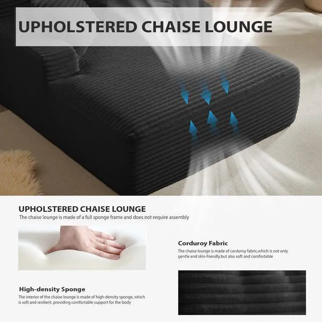 Alt view image 4 of 7 - 50 Inches Chaise Lounge Indoor, Oversized Chaise Lounge Chair with 3 Throw Pillows and Armrests, Corduroy Upholstered Plush Sofa Bed Lazy Chair Bed Sleeper Chair for Living Room Apartment (Black)