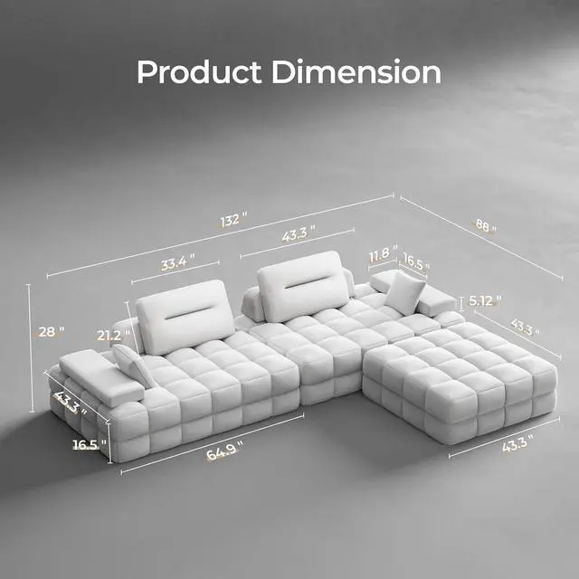 Alt view image 3 of 7 - 132" L-Shaped Modular Sectional Sofa, Oversized Cloud Couch for Living Room, Freely Combinable Furniture, White
