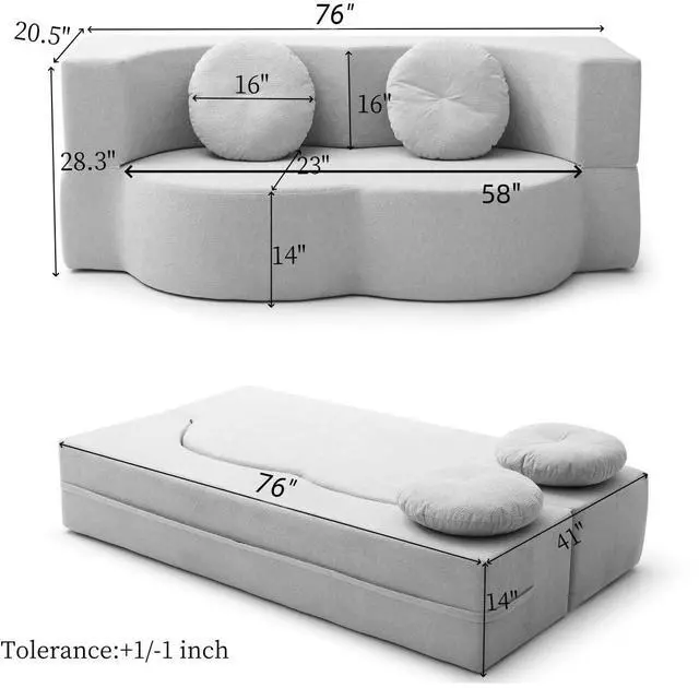 Alt view image 3 of 7 - King Size Sofa Bed, 76 Inch Convertible Futon Boneless Couch, 2-in-1 Loveseat Sleeper Sofa with 2 Pillow, Modern Velvet Fabric Floor Couch Bed for Living Room, No Assembly Required (Beige)
