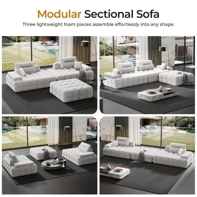 Alt view image 7 of 7 - 132" L-Shaped Modular Sectional Sofa, Oversized Cloud Couch for Living Room, Freely Combinable Furniture, White