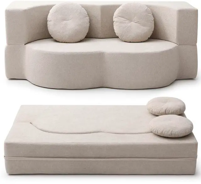 Main image of King Size Sofa Bed, 76 Inch Convertible Futon Boneless Couch, 2-in-1 Loveseat Sleeper Sofa with 2 Pillow, Modern Velvet Fabric Floor Couch Bed for Living Room, No Assembly Required (Beige)