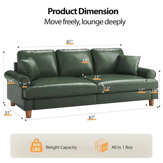 Alt view image 2 of 7 - 87" Couch Premium PU Leather Sofa, Comfy Extra Deep Seat 3 Seater Couch for Living Room, with 2 Pillows, Green