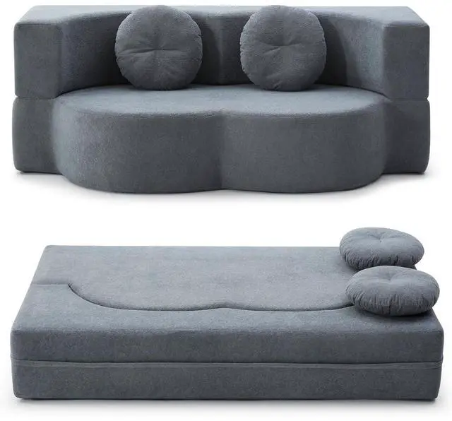 Main image of King Size Sofa Bed, 76 Inch Convertible Futon Boneless Couch, 2-in-1 Loveseat Sleeper Sofa with 2 Pillow, Modern Velvet Fabric Floor Couch Bed for Living Room, No Assembly Required (Grey)