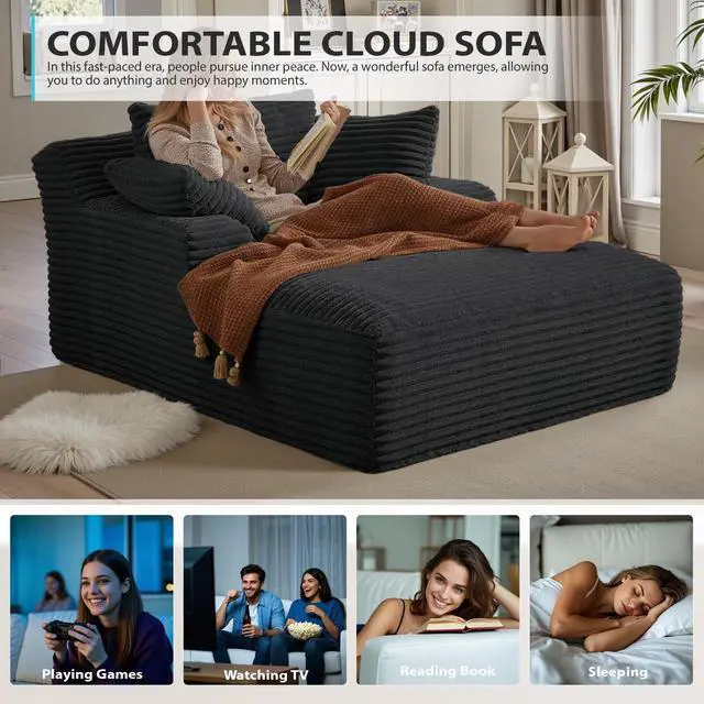 Alt view image 7 of 7 - 50 Inches Chaise Lounge Indoor, Oversized Chaise Lounge Chair with 3 Throw Pillows and Armrests, Corduroy Upholstered Plush Sofa Bed Lazy Chair Bed Sleeper Chair for Living Room Apartment (Black)
