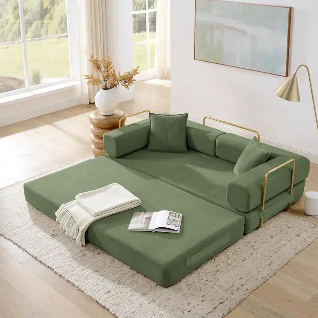 Main image of 4-in-1 Folding Convertible Sofa Bed, 78 Inch Oversized Corduroy Upholstered Boneless Couch, Loveseat Sleeper with Pull Out Bed, Floor Sofa Modular Futon Couch for Living Room Bedroom Lounge, Green