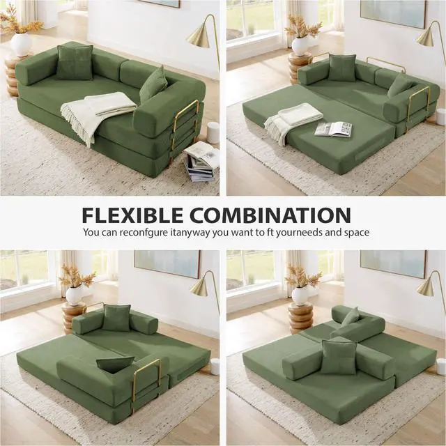 Alt view image 3 of 7 - 4-in-1 Folding Convertible Sofa Bed, 78 Inch Oversized Corduroy Upholstered Boneless Couch, Loveseat Sleeper with Pull Out Bed, Floor Sofa Modular Futon Couch for Living Room Bedroom Lounge, Green