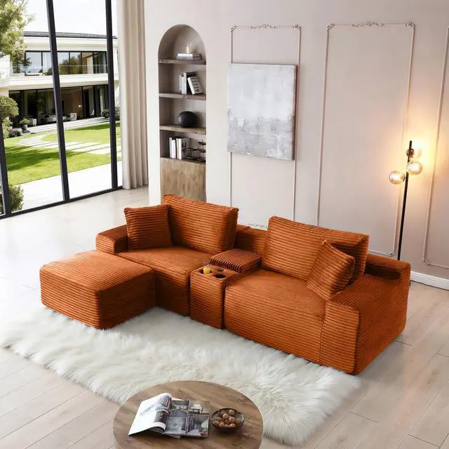 Main image of 111" Oversized Modular Sectional Couch, L Shaped Corduroy Cloud Sofa with Cup Holders, USB & Type-C Ports, Storage Box, Deep Seat Upholstered Memory Foam Boneless Floor Sofa for Living Room (Orange)
