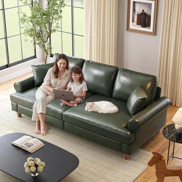 Alt view image 4 of 7 - 87" Couch Premium PU Leather Sofa, Comfy Extra Deep Seat 3 Seater Couch for Living Room, with 2 Pillows, Green
