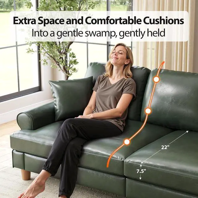 Alt view image 6 of 7 - 87" Couch Premium PU Leather Sofa, Comfy Extra Deep Seat 3 Seater Couch for Living Room, with 2 Pillows, Green