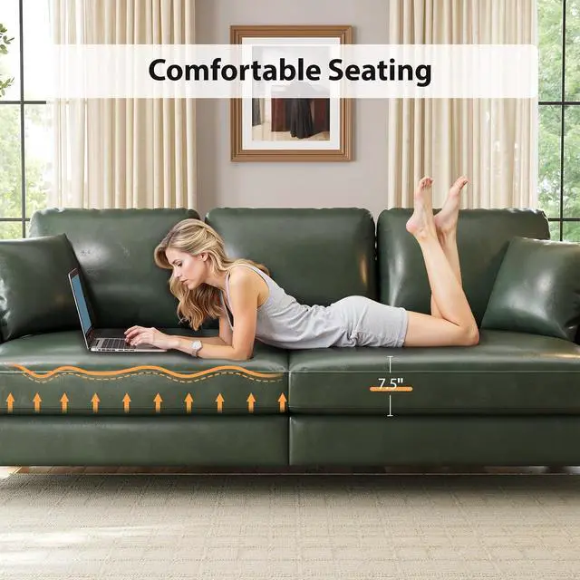 Alt view image 7 of 7 - 87" Couch Premium PU Leather Sofa, Comfy Extra Deep Seat 3 Seater Couch for Living Room, with 2 Pillows, Green