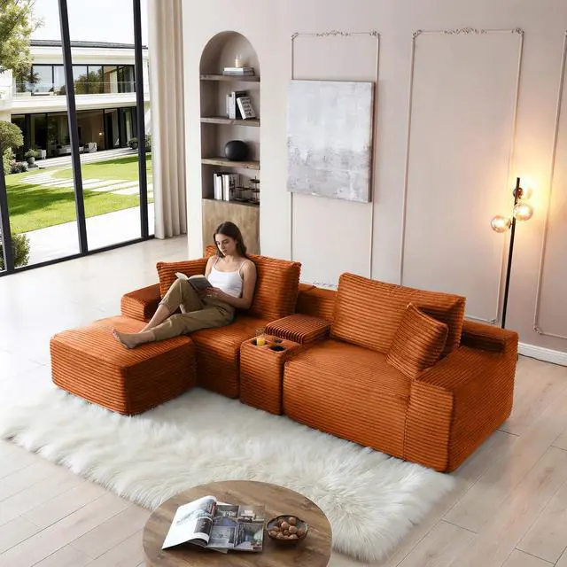 Alt view image 6 of 7 - 111" Oversized Modular Sectional Couch, L Shaped Corduroy Cloud Sofa with Cup Holders, USB & Type-C Ports, Storage Box, Deep Seat Upholstered Memory Foam Boneless Floor Sofa for Living Room (Orange)