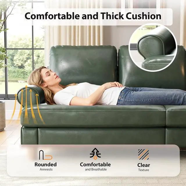 Alt view image 5 of 7 - 87" Couch Premium PU Leather Sofa, Comfy Extra Deep Seat 3 Seater Couch for Living Room, with 2 Pillows, Green