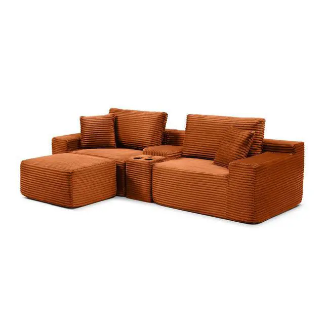 Alt view image 7 of 7 - 111" Oversized Modular Sectional Couch, L Shaped Corduroy Cloud Sofa with Cup Holders, USB & Type-C Ports, Storage Box, Deep Seat Upholstered Memory Foam Boneless Floor Sofa for Living Room (Orange)