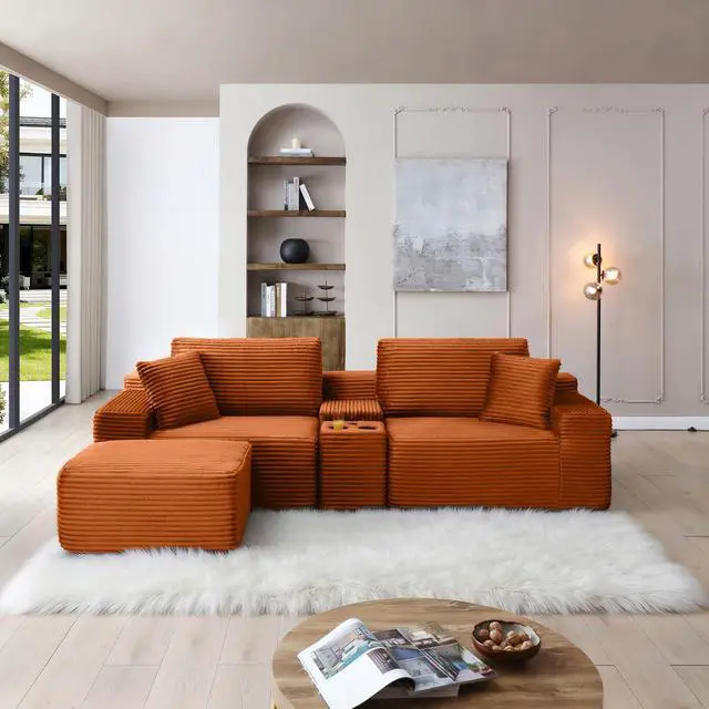 Alt view image 5 of 7 - 111" Oversized Modular Sectional Couch, L Shaped Corduroy Cloud Sofa with Cup Holders, USB & Type-C Ports, Storage Box, Deep Seat Upholstered Memory Foam Boneless Floor Sofa for Living Room (Orange)