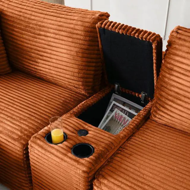 Alt view image 4 of 7 - 111" Oversized Modular Sectional Couch, L Shaped Corduroy Cloud Sofa with Cup Holders, USB & Type-C Ports, Storage Box, Deep Seat Upholstered Memory Foam Boneless Floor Sofa for Living Room (Orange)