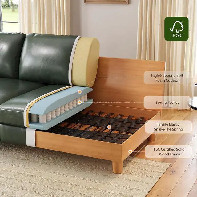 Alt view image 3 of 7 - 87" Couch Premium PU Leather Sofa, Comfy Extra Deep Seat 3 Seater Couch for Living Room, with 2 Pillows, Green