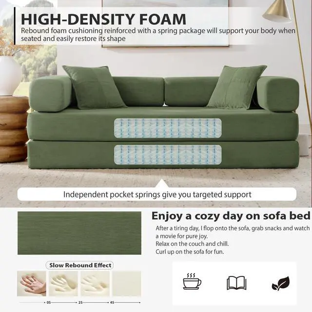Alt view image 4 of 7 - 4-in-1 Folding Convertible Sofa Bed, 78 Inch Oversized Corduroy Upholstered Boneless Couch, Loveseat Sleeper with Pull Out Bed, Floor Sofa Modular Futon Couch for Living Room Bedroom Lounge, Green