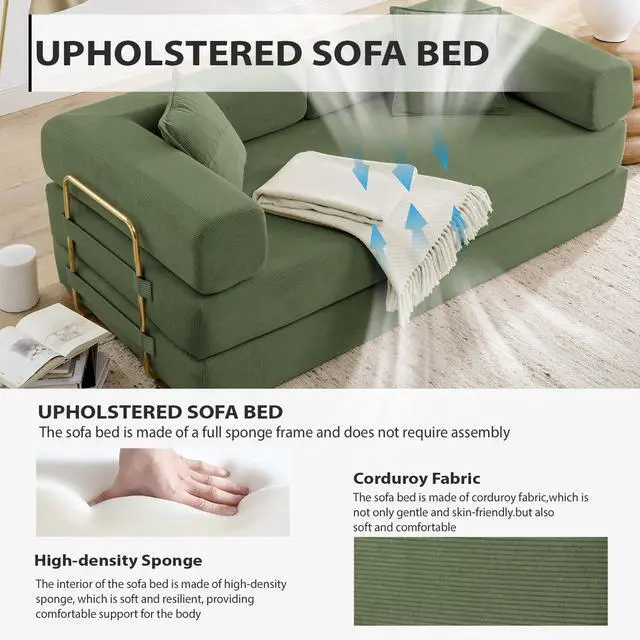 Alt view image 5 of 7 - 4-in-1 Folding Convertible Sofa Bed, 78 Inch Oversized Corduroy Upholstered Boneless Couch, Loveseat Sleeper with Pull Out Bed, Floor Sofa Modular Futon Couch for Living Room Bedroom Lounge, Green