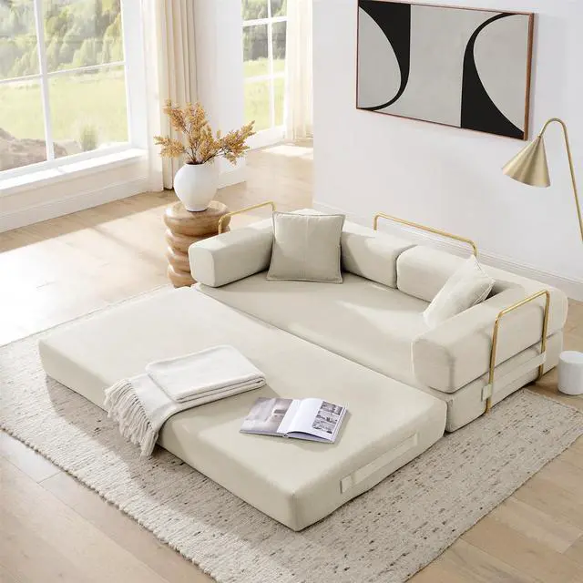 Main image of 4-in-1 Folding Convertible Sofa Bed, 78 Inch Boneless Couch with Fixed-Shape Frame, Corduroy Loveseat Sleeper with Pull Out Bed, Floor Sofa Modular Futon Couch for Living Room Bedroom Lounge (Beige)