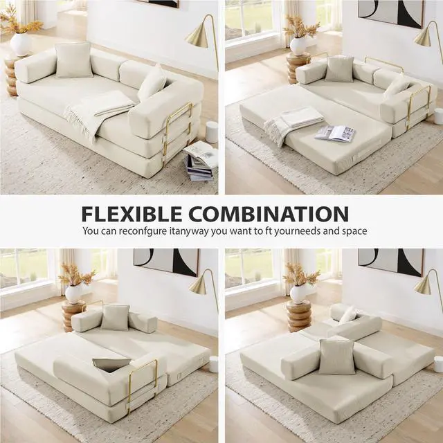 Alt view image 3 of 7 - 4-in-1 Folding Convertible Sofa Bed, 78 Inch Boneless Couch with Fixed-Shape Frame, Corduroy Loveseat Sleeper with Pull Out Bed, Floor Sofa Modular Futon Couch for Living Room Bedroom Lounge (Beige)