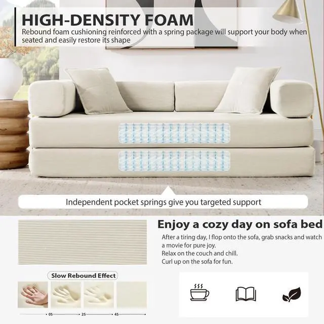 Alt view image 4 of 7 - 4-in-1 Folding Convertible Sofa Bed, 78 Inch Boneless Couch with Fixed-Shape Frame, Corduroy Loveseat Sleeper with Pull Out Bed, Floor Sofa Modular Futon Couch for Living Room Bedroom Lounge (Beige)