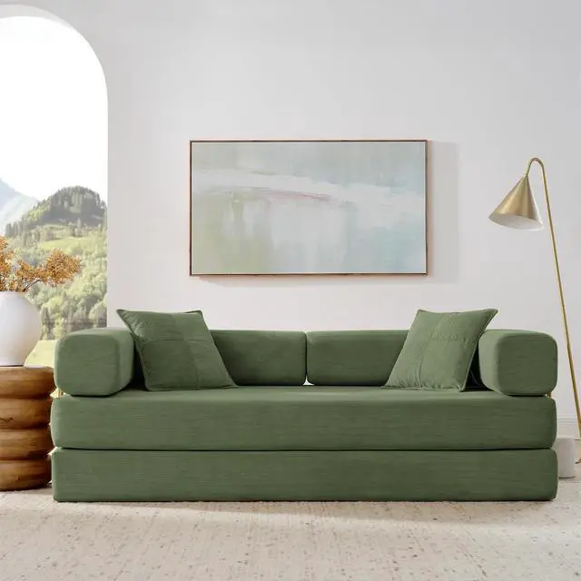 Alt view image 6 of 7 - 4-in-1 Folding Convertible Sofa Bed, 78 Inch Oversized Corduroy Upholstered Boneless Couch, Loveseat Sleeper with Pull Out Bed, Floor Sofa Modular Futon Couch for Living Room Bedroom Lounge, Green