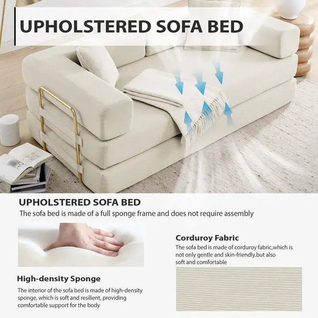 Alt view image 5 of 7 - 4-in-1 Folding Convertible Sofa Bed, 78 Inch Boneless Couch with Fixed-Shape Frame, Corduroy Loveseat Sleeper with Pull Out Bed, Floor Sofa Modular Futon Couch for Living Room Bedroom Lounge (Beige)