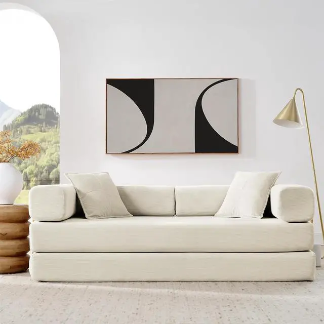 Alt view image 6 of 7 - 4-in-1 Folding Convertible Sofa Bed, 78 Inch Boneless Couch with Fixed-Shape Frame, Corduroy Loveseat Sleeper with Pull Out Bed, Floor Sofa Modular Futon Couch for Living Room Bedroom Lounge (Beige)
