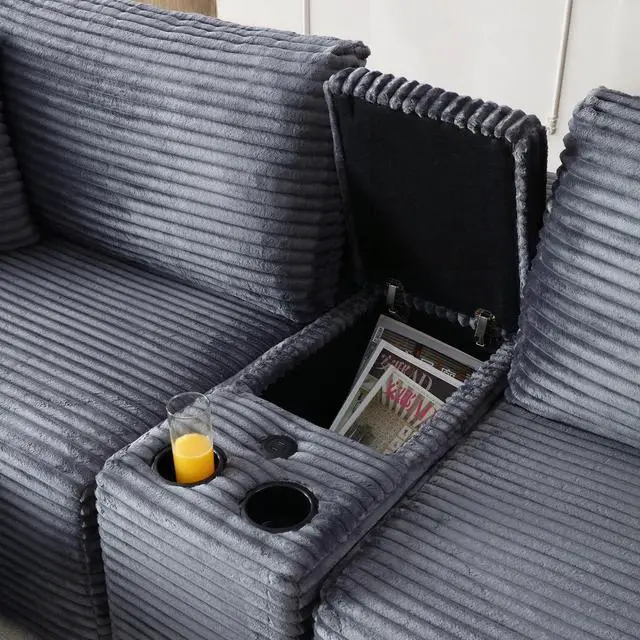 Alt view image 4 of 7 - 111" Oversized Modular Sectional Couch, L Shaped Corduroy Cloud Sofa with Cup Holders, USB & Type-C Ports, Storage Box, Deep Seat Upholstered Memory Foam Boneless Floor Sofa for Living Room (Gray)