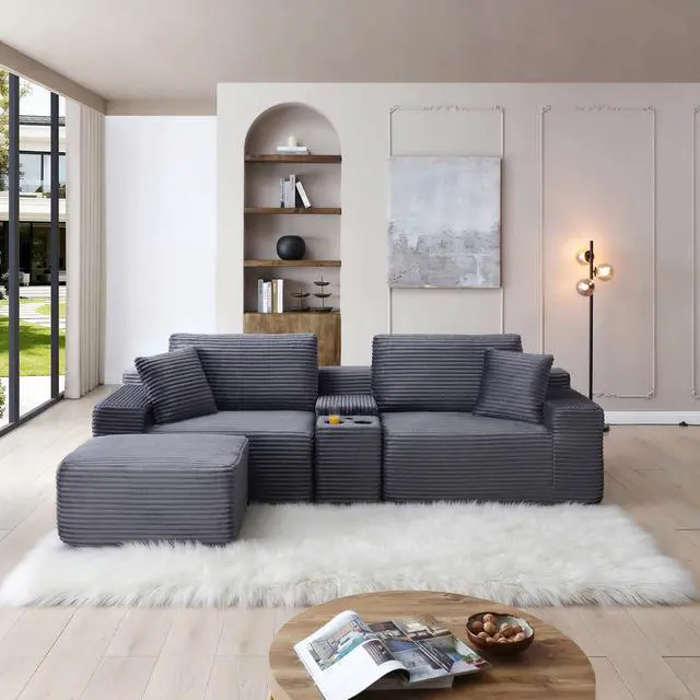 Alt view image 5 of 7 - 111" Oversized Modular Sectional Couch, L Shaped Corduroy Cloud Sofa with Cup Holders, USB & Type-C Ports, Storage Box, Deep Seat Upholstered Memory Foam Boneless Floor Sofa for Living Room (Gray)