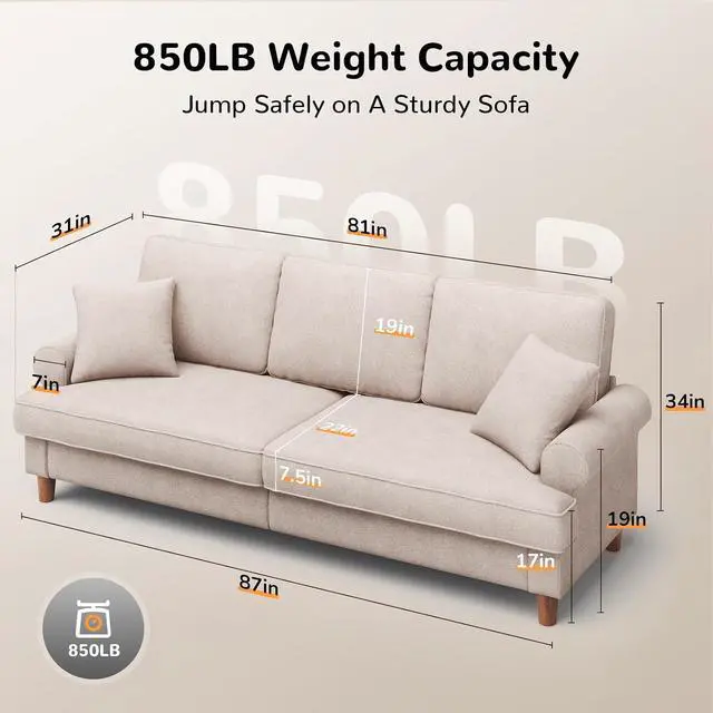 Alt view image 2 of 7 - 87" Sofa Couch, Comfy Extra Deep Seat 3 Seater Couch for Living Room with Soft Upholstered Round Arms, Free 2 Pillows, Beige