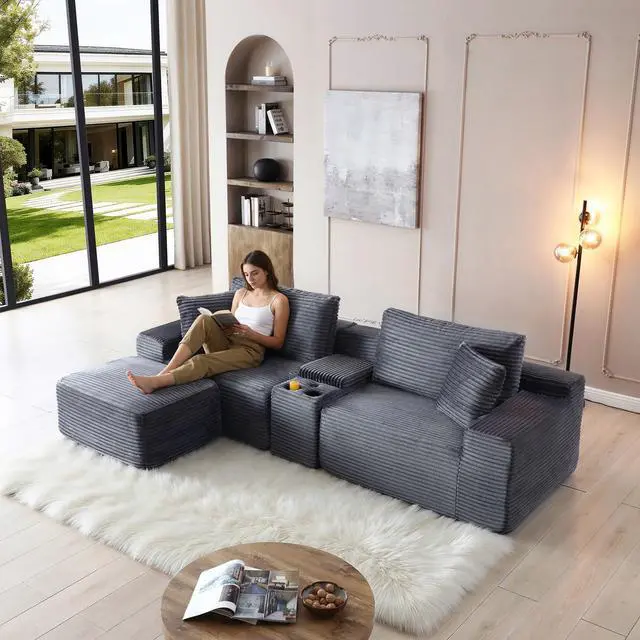 Alt view image 6 of 7 - 111" Oversized Modular Sectional Couch, L Shaped Corduroy Cloud Sofa with Cup Holders, USB & Type-C Ports, Storage Box, Deep Seat Upholstered Memory Foam Boneless Floor Sofa for Living Room (Gray)