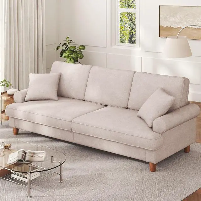 Main image of 87" Sofa Couch, Comfy Extra Deep Seat 3 Seater Couch for Living Room with Soft Upholstered Round Arms, Free 2 Pillows, Beige