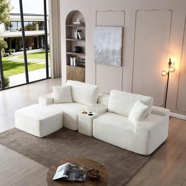 Main image of 111" Oversized Modular Sectional Couch, L Shaped Corduroy Cloud Sofa with Cup Holders, USB & Type-C Ports, Storage Box, Deep Seat Upholstered Memory Foam Boneless Floor Sofa for Living Room (Beige)