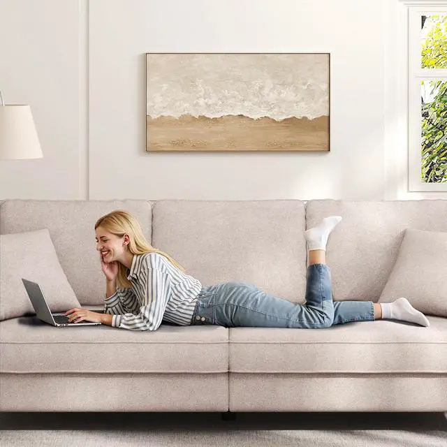Alt view image 4 of 7 - 87" Sofa Couch, Comfy Extra Deep Seat 3 Seater Couch for Living Room with Soft Upholstered Round Arms, Free 2 Pillows, Beige