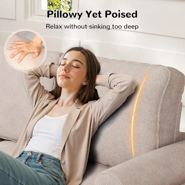 Alt view image 3 of 7 - 87" Sofa Couch, Comfy Extra Deep Seat 3 Seater Couch for Living Room with Soft Upholstered Round Arms, Free 2 Pillows, Beige