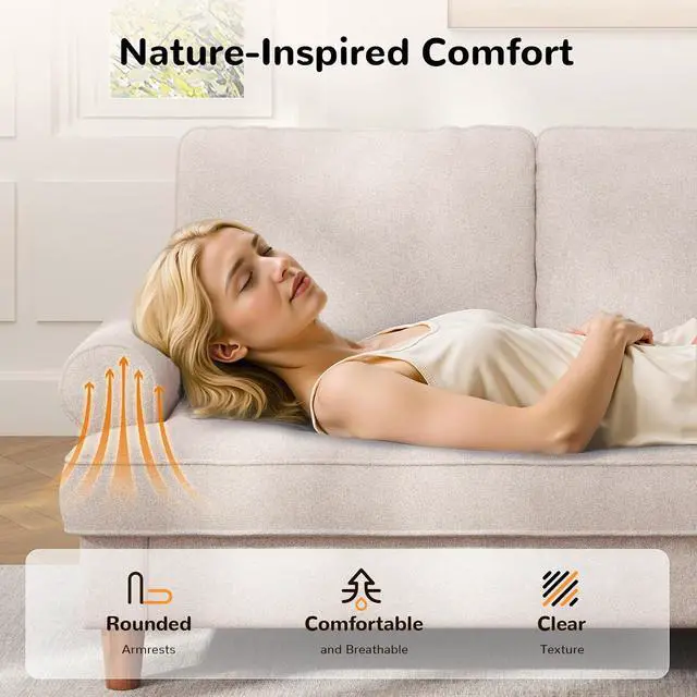 Alt view image 7 of 7 - 87" Sofa Couch, Comfy Extra Deep Seat 3 Seater Couch for Living Room with Soft Upholstered Round Arms, Free 2 Pillows, Beige