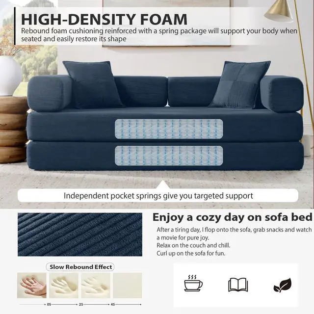 Alt view image 4 of 6 - 4-in-1 Folding Convertible Sofa Bed, 78 Inch Boneless Couch with Fixed-Shape Frame, Corduroy Loveseat Sleeper with Pull Out Bed, Floor Sofa Modular Futon Couch for Living Room Bedroom Lounge (Blue)