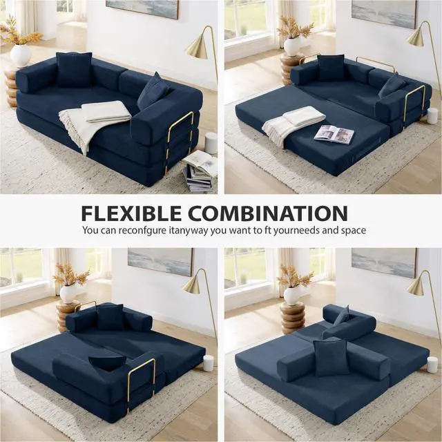 Alt view image 5 of 6 - 4-in-1 Folding Convertible Sofa Bed, 78 Inch Boneless Couch with Fixed-Shape Frame, Corduroy Loveseat Sleeper with Pull Out Bed, Floor Sofa Modular Futon Couch for Living Room Bedroom Lounge (Blue)