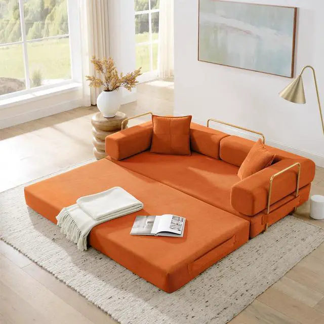 Main image of 4-in-1 Folding Convertible Sofa Bed, 78 Inch Boneless Couch with Fixed-Shape Frame, Corduroy Loveseat Sleeper with Pull Out Bed, Floor Sofa Modular Futon Couch for Living Room Bedroom Lounge (Orange)