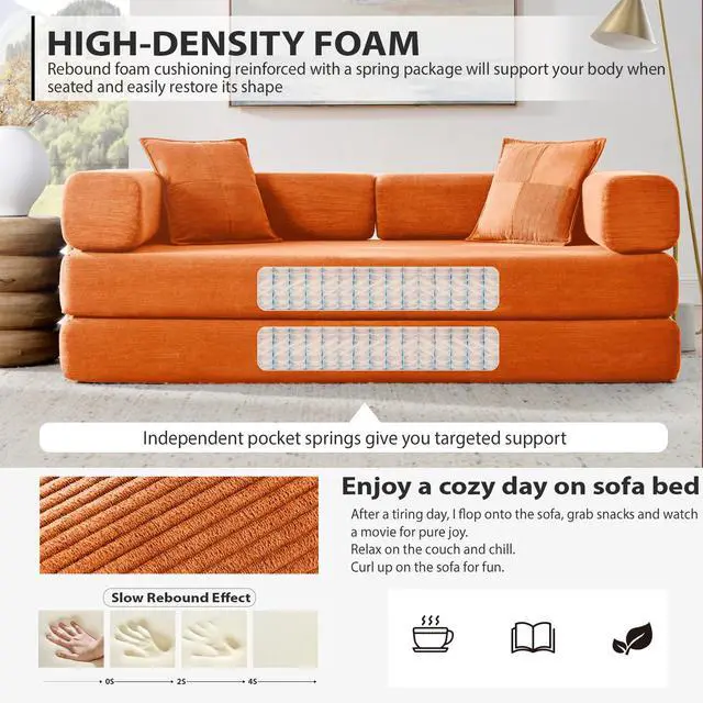 Alt view image 4 of 6 - 4-in-1 Folding Convertible Sofa Bed, 78 Inch Boneless Couch with Fixed-Shape Frame, Corduroy Loveseat Sleeper with Pull Out Bed, Floor Sofa Modular Futon Couch for Living Room Bedroom Lounge (Orange)