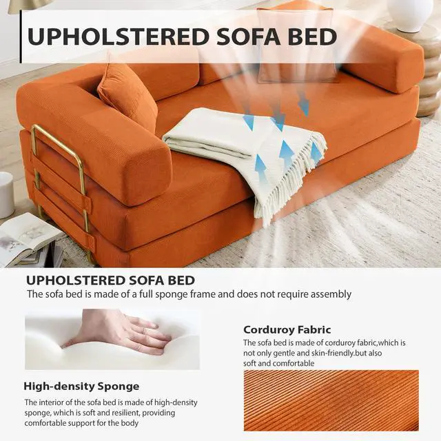 Alt view image 3 of 6 - 4-in-1 Folding Convertible Sofa Bed, 78 Inch Boneless Couch with Fixed-Shape Frame, Corduroy Loveseat Sleeper with Pull Out Bed, Floor Sofa Modular Futon Couch for Living Room Bedroom Lounge (Orange)