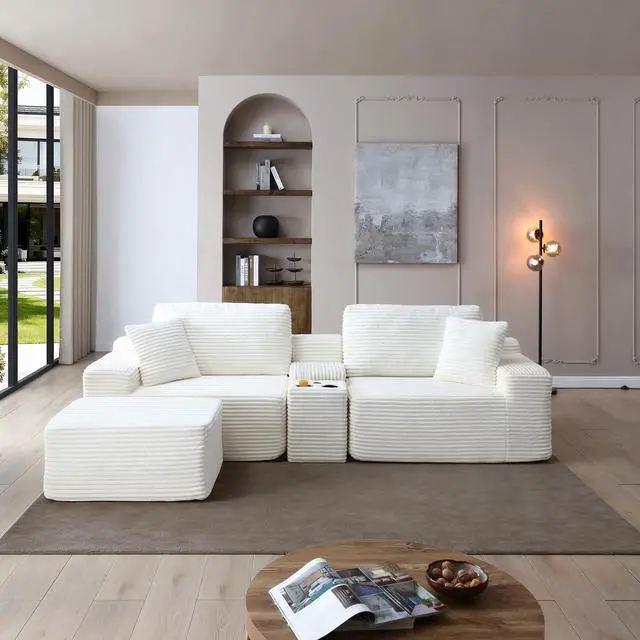 Alt view image 5 of 6 - 111" Oversized Modular Sectional Couch, L Shaped Corduroy Cloud Sofa with Cup Holders, USB & Type-C Ports, Storage Box, Deep Seat Upholstered Memory Foam Boneless Floor Sofa for Living Room (Beige)