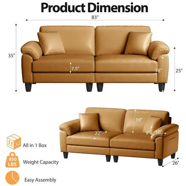 Alt view image 2 of 7 - 83" Couch Premium PU Leather Sofa, Comfy Extra Deep Seat 3 Seater Couch for Living Room, Oversized Loveseat with 2 Pillows, Brown