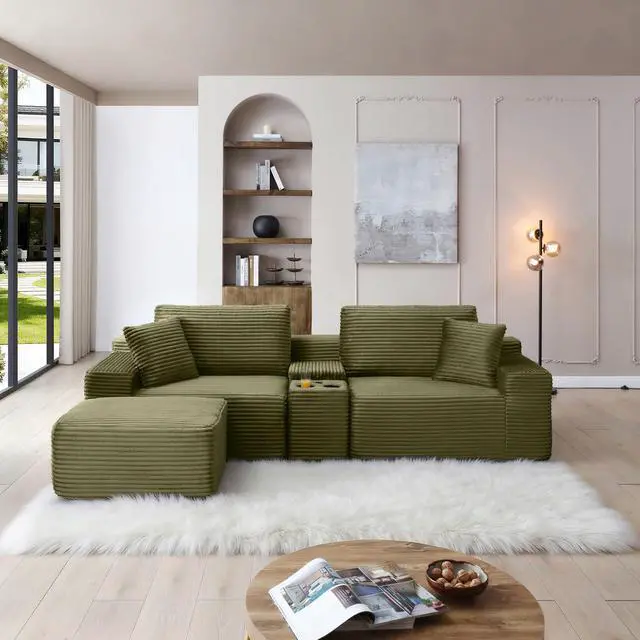 Alt view image 5 of 7 - 111" Oversized Modular Sectional Couch, L Shaped Corduroy Cloud Sofa with Cup Holders, USB & Type-C Ports, Storage Box, Deep Seat Upholstered Memory Foam Boneless Floor Sofa for Living Room (Green)