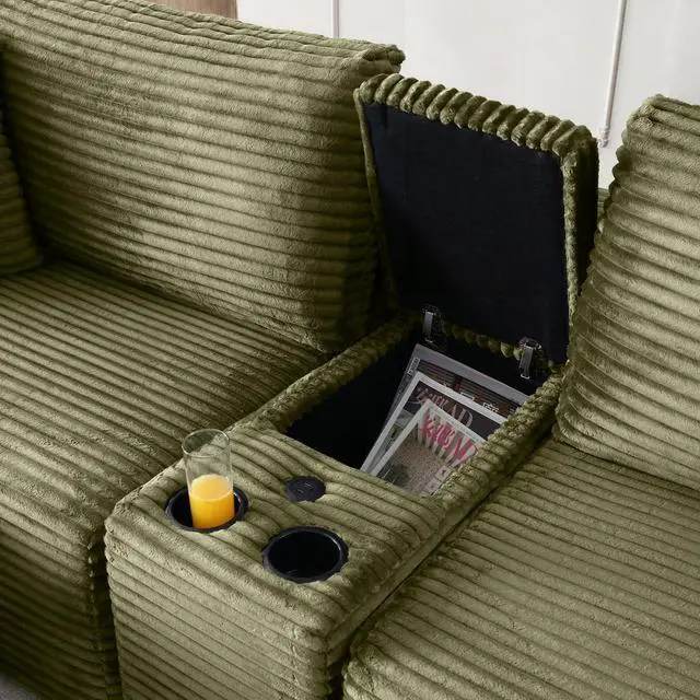 Alt view image 4 of 7 - 111" Oversized Modular Sectional Couch, L Shaped Corduroy Cloud Sofa with Cup Holders, USB & Type-C Ports, Storage Box, Deep Seat Upholstered Memory Foam Boneless Floor Sofa for Living Room (Green)