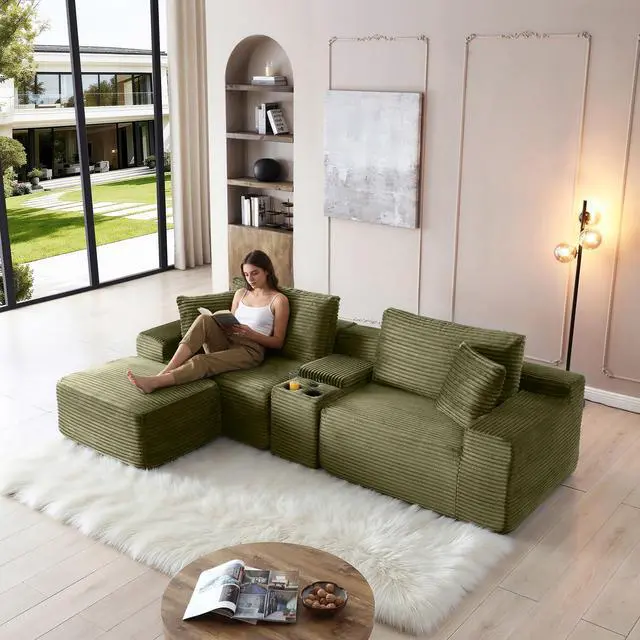 Alt view image 6 of 7 - 111" Oversized Modular Sectional Couch, L Shaped Corduroy Cloud Sofa with Cup Holders, USB & Type-C Ports, Storage Box, Deep Seat Upholstered Memory Foam Boneless Floor Sofa for Living Room (Green)