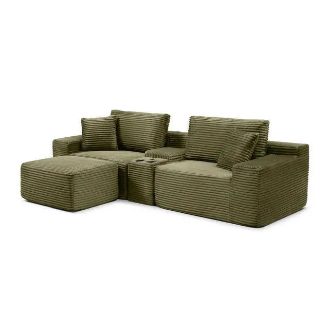Alt view image 7 of 7 - 111" Oversized Modular Sectional Couch, L Shaped Corduroy Cloud Sofa with Cup Holders, USB & Type-C Ports, Storage Box, Deep Seat Upholstered Memory Foam Boneless Floor Sofa for Living Room (Green)